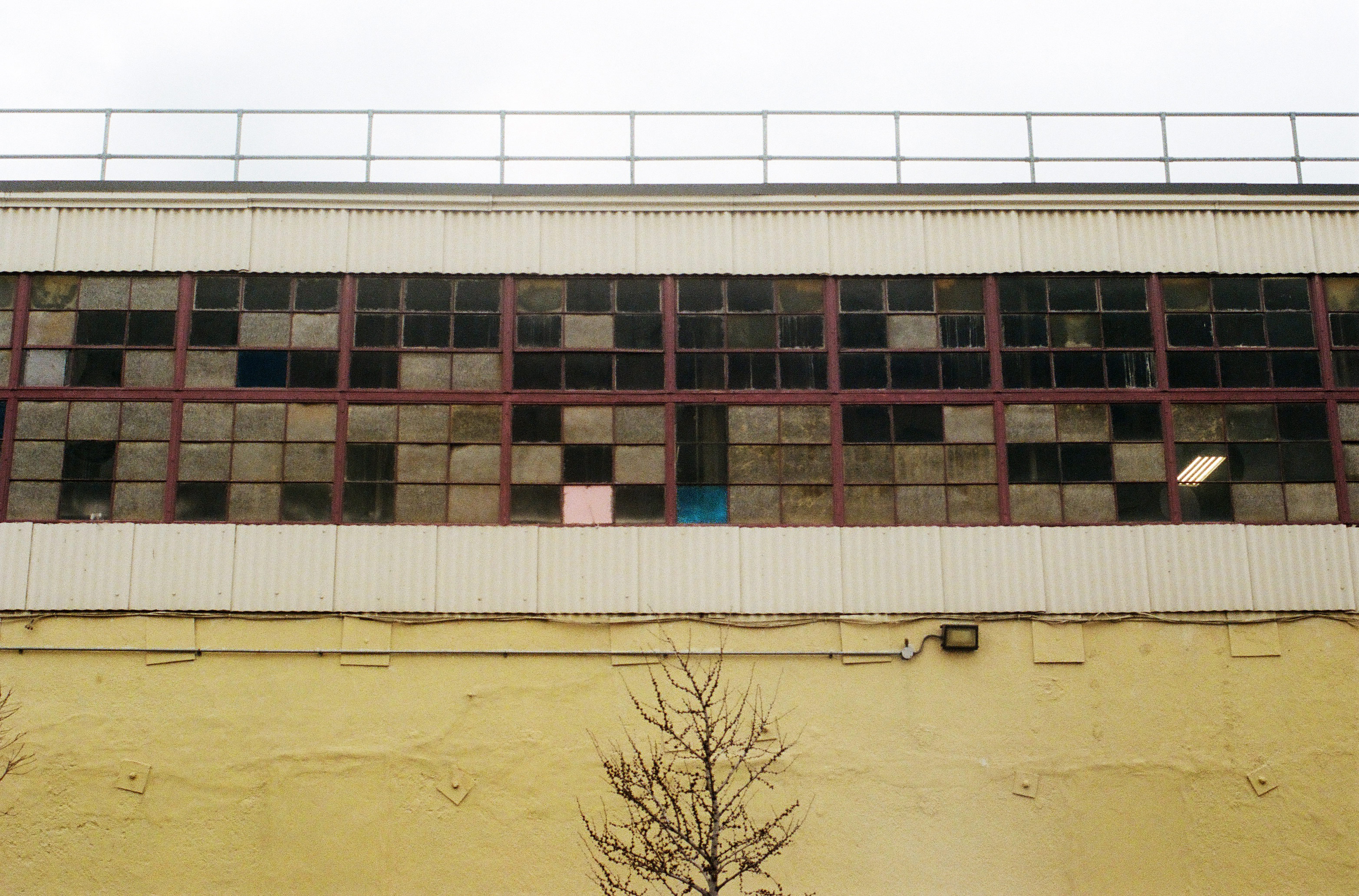 the top of an old warehouse with a yellow wall along the bottom half and lots of little square windows on the top half
