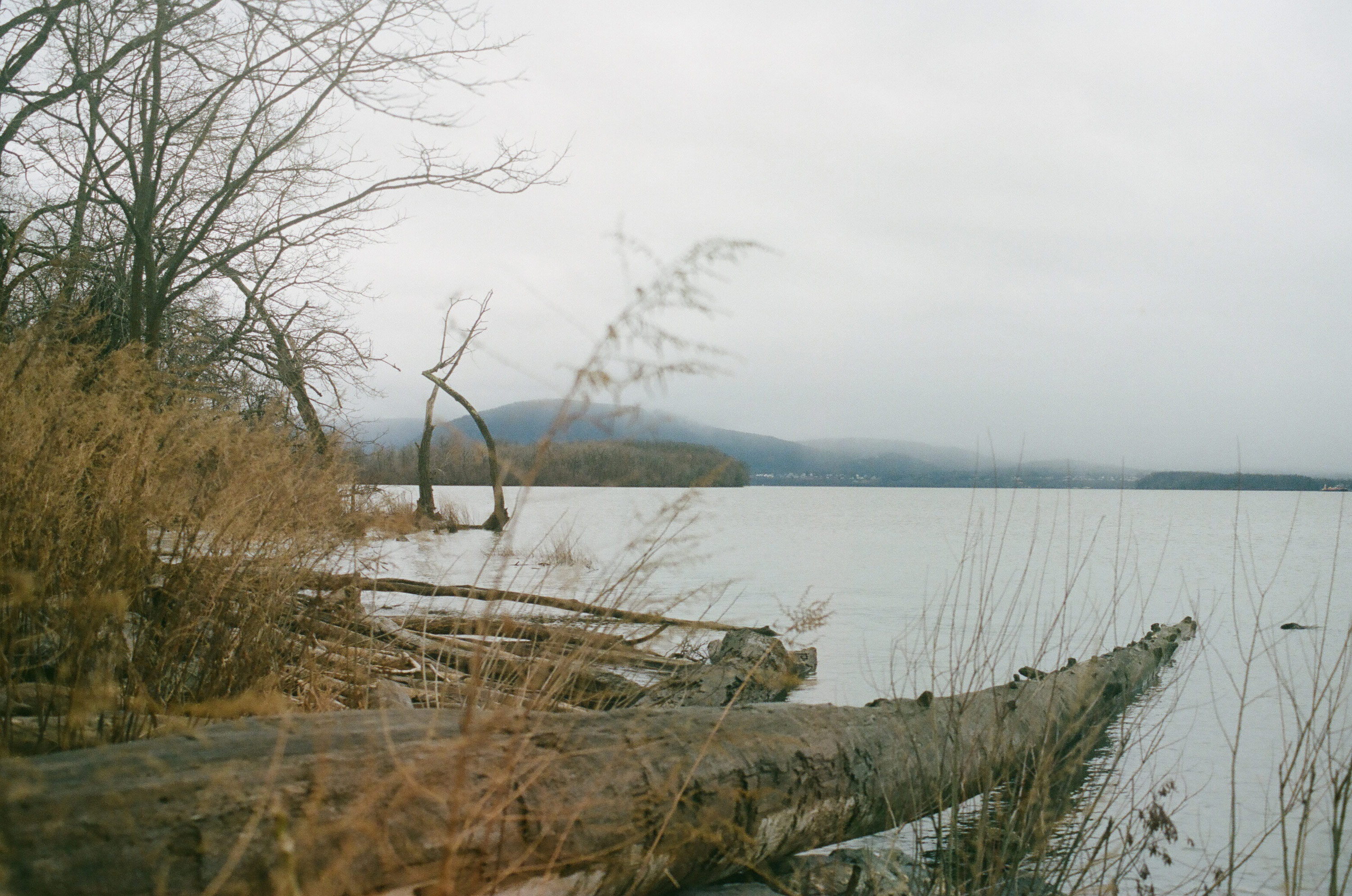 a view of the Hudson River from south of Beacon, New York towards the south and mountains in the fog